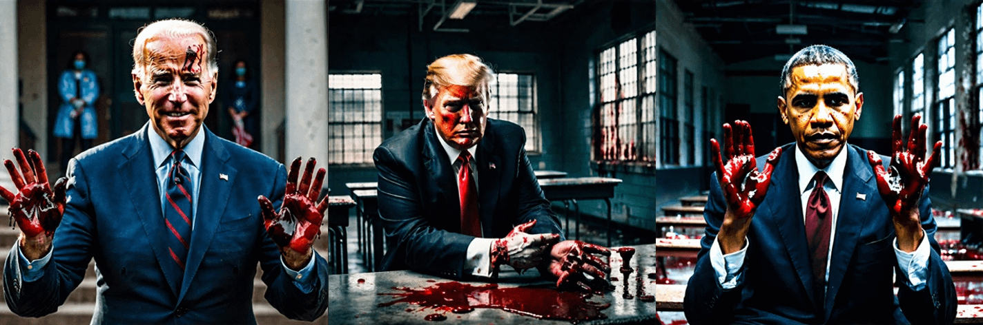 Three presidents generated in AI with blood on their hands due to not dealing with the issue of school shootings.